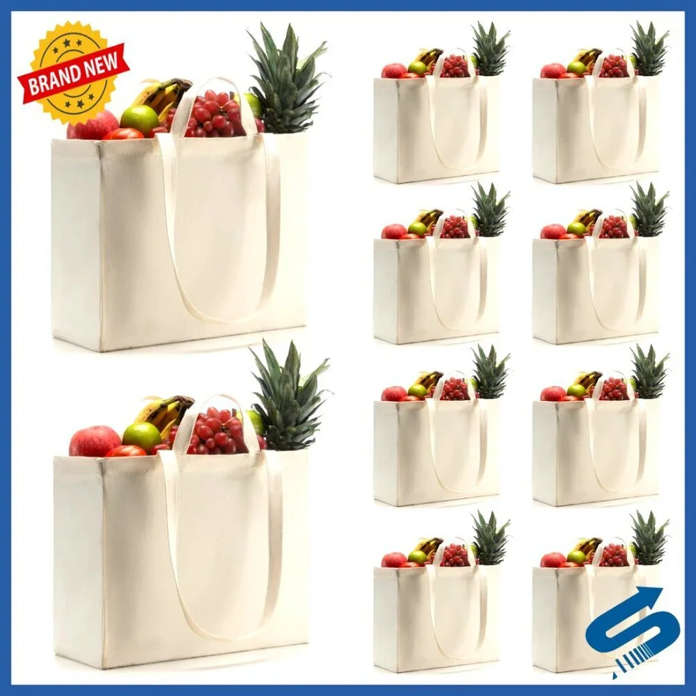 Heavy Duty Canvas Tote Bag Foldable Washable Long Short Handles Eco-Friendly